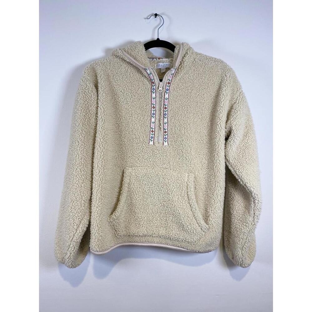 P.J. Salvage Cream Sherpa Hoodie with Floral Trim Size S